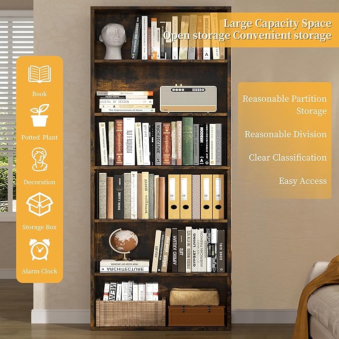 Shintenchi Bookshelf,6-Tier Open Bookcase and Bookshelves,6 Shelf Display Storage Shelves Floor Standing 70.6 inches Tall Bookcase for Home Office, Living Room (Brown)