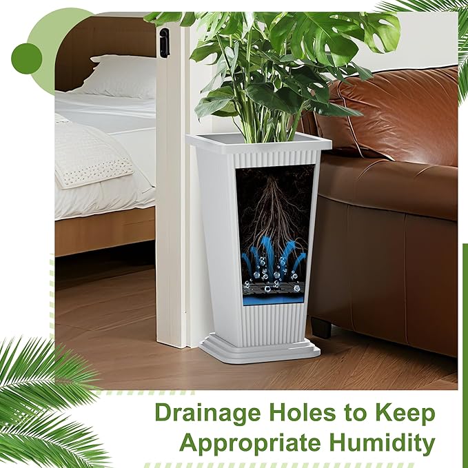 24-Inch Tall Planters Set of 2 for Outdoor and Indoor Use, Tapered Flower Pots with Drainage Tray, Front Porch and Patio Decor, Ideal for Large Plants (Stripes-White)
