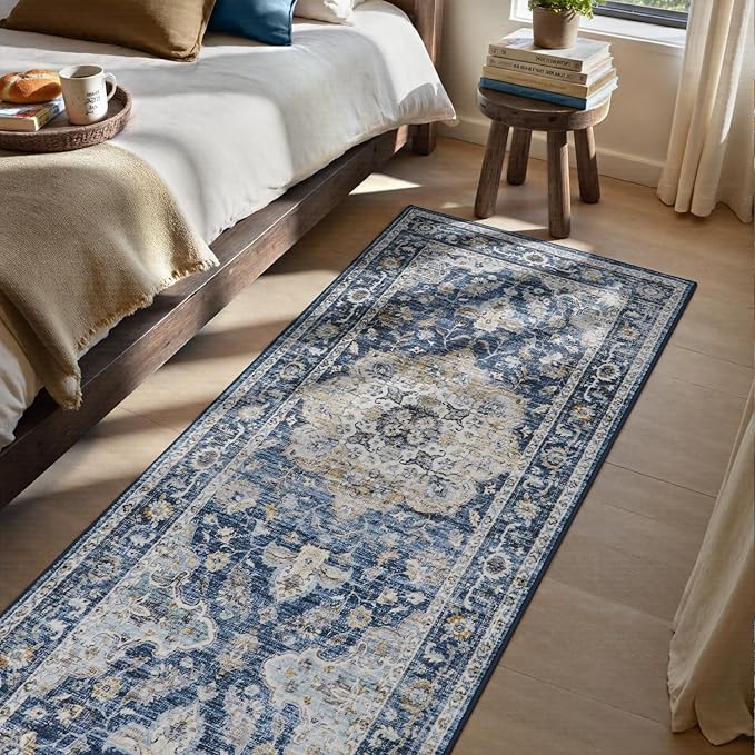 PADOOR-Vintage Runner Rug 2X10 Runners for Hallways-Soft Blue Washable Bedside Rugs for Bedroom-Non Slip Long Rug for Hallways Entryway Laundry Room Stair Kitchen Bathroom