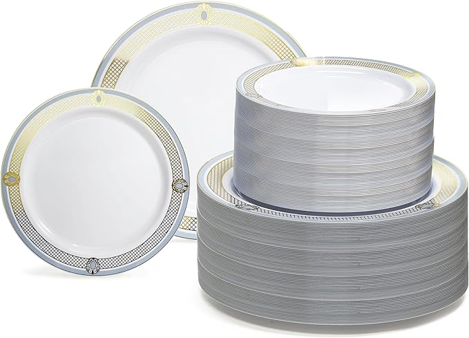 " OCCASIONS " 240 Plates Pack,(120 Guests) Premium Wedding Party Disposable Plastic Plates Set -120 x 10.25'' Dinner + 120 x 7.5'' Salad/Dessert (Royal in White/Blue & Gold)
