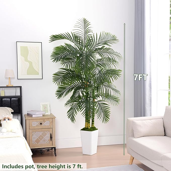 Artificial Golden Cane Palm Tree 7FT, Fake Palm Tree with Three Realistic Trunks and Lifelike Palm Leaves, Faux Palm Plant for Indoor Home Décor with White Planter