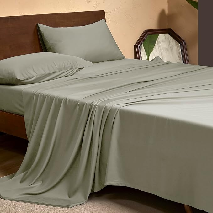 EVERLY King Sheets Set,Luxuriously 400 Thread Count Organic Rayon Derived from Bamboo Bed Sheet Set,Cooling Sheets for King Size 4 Piece Deep Pockets Bedding Sheets& Pillowcases-Light Grey