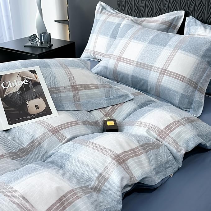 VM VOUGEMARKET King Duvet Cover Set,3 Pieces Blue Gingham Duvet Cover with Zipper,Simple Modern Brushed Cotton Plaid Bedding Set Without Comforter-104x90 Inch