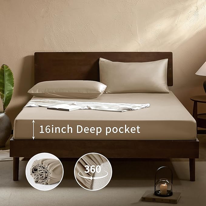EVERLY Twin Sheets Set,Luxuriously 400 Thread Count Organic Viscose Derived from Bamboo Bed Sheet,Cooling Sheets for Twin Size 3 Piece Deep Pockets Bedding Sheets-Champagne