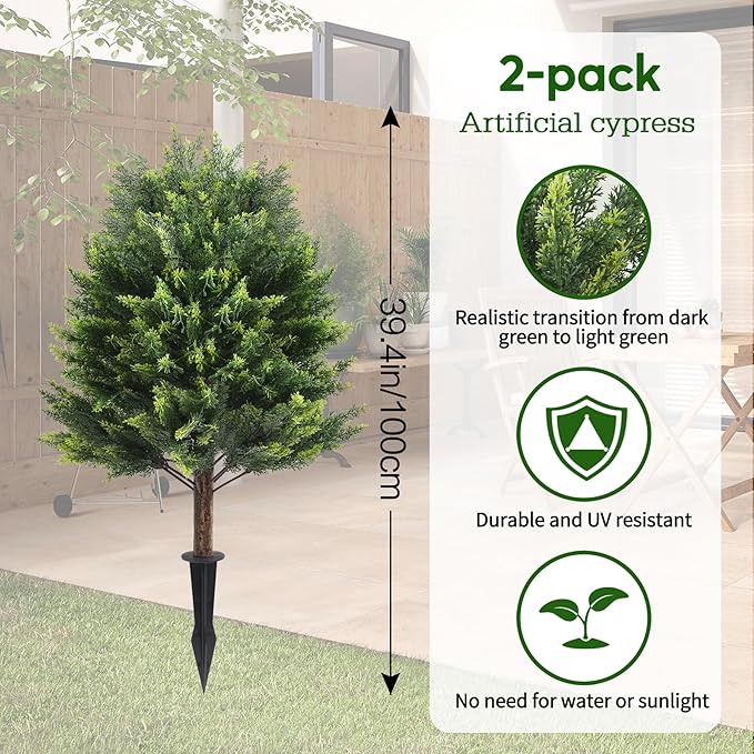 Set of 2 Pack Large Artificial Plants Cypress Topiary Tree, 39" Tall Outdoor Simulated Bushes UV Resistant with Ground Spike, Faux Cedar Shrubs for Outside, Front Porch, Home Garden Decor