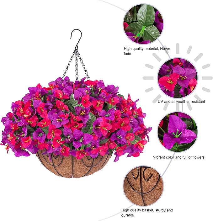 Artificial Hanging Flowers Plant with Basket for Outdoors, Fake Hanging Plants Silk Bougainvillea in Planter Look Real UV Resistant Faux Flower for Outside Porch Patio Garden Home Decor, PurpleHotpink