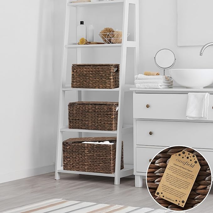 Casafield Set of 3 Water Hyacinth Storage Baskets with Lids, Espresso - Small, Medium, Large Woven Nesting Bins for Bathroom, Bedroom, Closets, Shelves