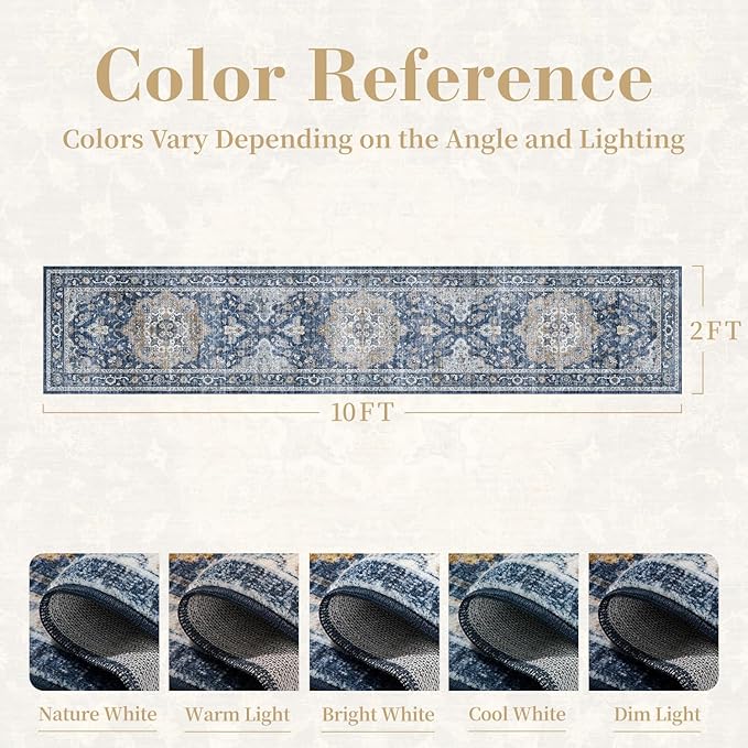 PADOOR-Vintage Runner Rug 2X10 Runners for Hallways-Soft Blue Washable Bedside Rugs for Bedroom-Non Slip Long Rug for Hallways Entryway Laundry Room Stair Kitchen Bathroom