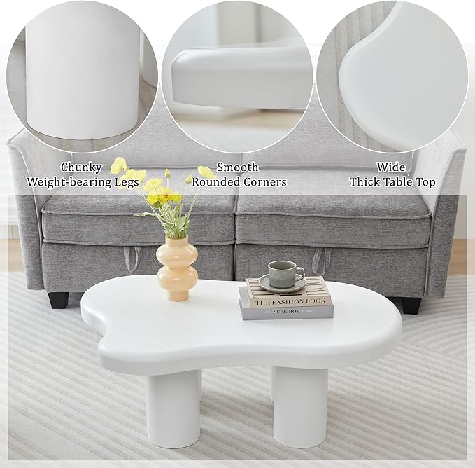 Cloud Coffee Table, Cute Irregular Coffee Table with Wide Tabletop, Accent Center Table, Cloud Shape Modern Coffee Tables for Living Room, Home Office (White)
