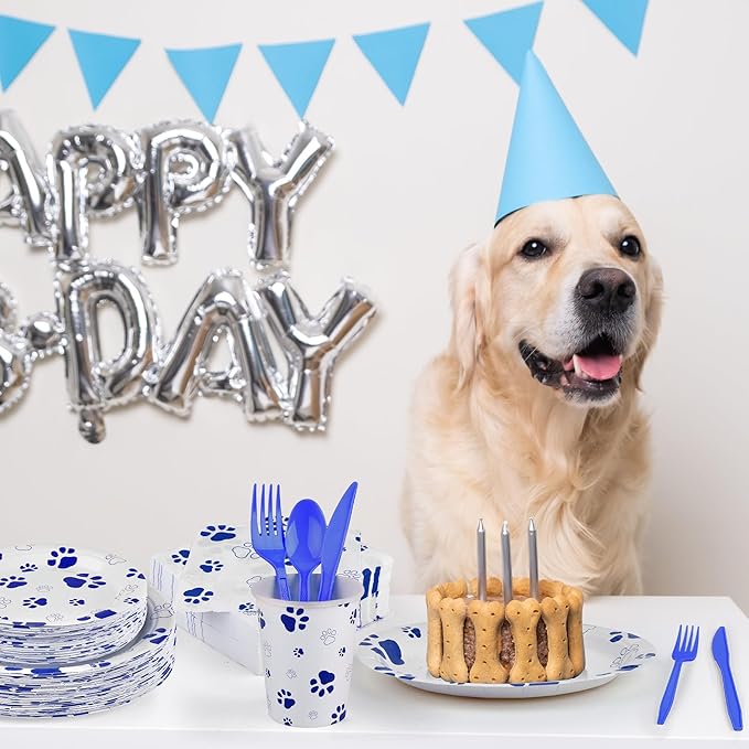 400 Pieces Blue Paw Disposable Party Tableware Sets Dog Puppy Supplies Including Plates Cups Napkins Cutlery Serves 50 for Birthday Puppy Theme Party Decorations