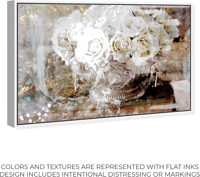 Floral and Botanical Framed Wall Art Canvas Prints 'Serving Roses' Florals, White, Gold, 36" x 24"