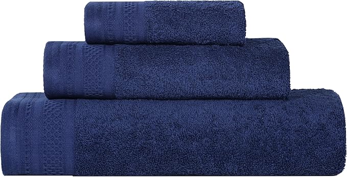 Superior Honeycomb Cotton Medium Weight Towels, for Guest Bath, Master Bathroom, Shower, Quick Dry, Adults, Home Essentials, Textured Waffle Border, Assorted Towel Set, 3 Piece Towel Set, Navy Peony