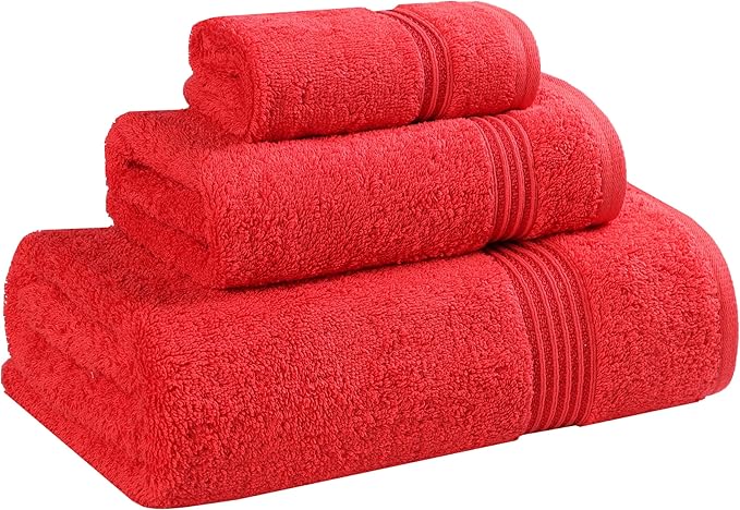 Superior Egyptian Cotton 3-Piece Towel Set, Assorted Towels for Home Bathroom, Master, Guest Bath, Decor Essentials, Includes 1 Bath, 1 Hand, 1 Face Towel/Washcloth, Quick Dry, Absorbent, Red