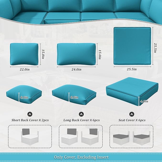 14 Pcs Outdoor Cushion Slipcovers Patio Cushion Covers Replacement Waterproof with Zipper for Outdoor Furniture, Patio Sofa Couch 3 Sizes, Covers Only