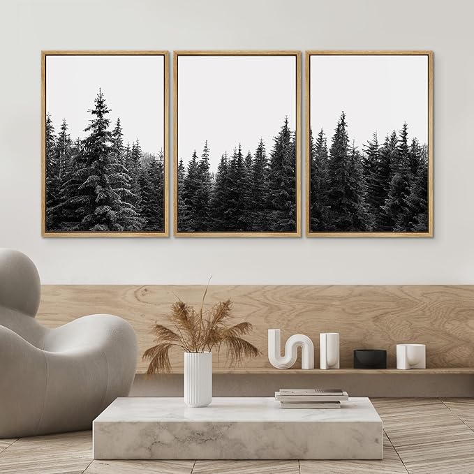 SIGNWIN 3 Piece Framed Canvas Wall Art Woodland Nursery Decor Black and White Forest Photo Nature Abstract Traditional Home Artwork Decoration for Living Room,Bedroom - 24"x36"x3 Natural