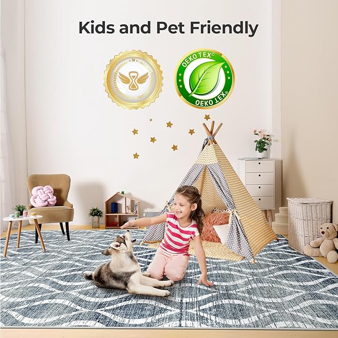 WITSHOCK Boho 8x10 Rugs for Bedroom - Washable Non-Slip Large Thin Indoor Rug for Living Room Dining Room, Soft Modern Geometric Low Pile Print Dark Blue Carpet for Nursery, Kid & Pet Friendly