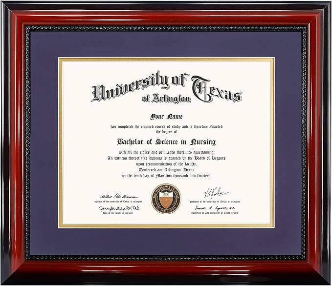 11x14 Diploma Degree Frame with Purple Mat or Display 15x18 Certificates without Mat,Solid Wood,Cherry Finish with Intricate Black Rope Detail,UV Protection Acrylic