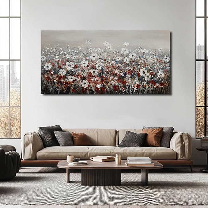 NBAODAN White and Red Flowers Canvas Pictures Nature Wall Art for Living Room Bedroom Modern Artwork Colorful Plants Wall Decor for Office 24x48 Inch