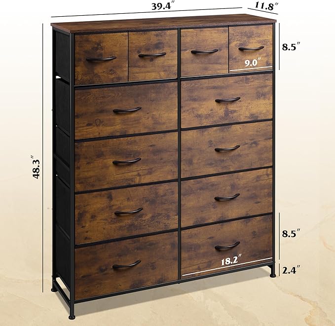 WLIVE Storage Organizer Unit with 12 Fabric Bins, Storage Drawers Organizer with Steel Frame, Tall Storage Tower Organizaton for Living Room, Hallway, Office, Rustic Brown Wood Grain Print