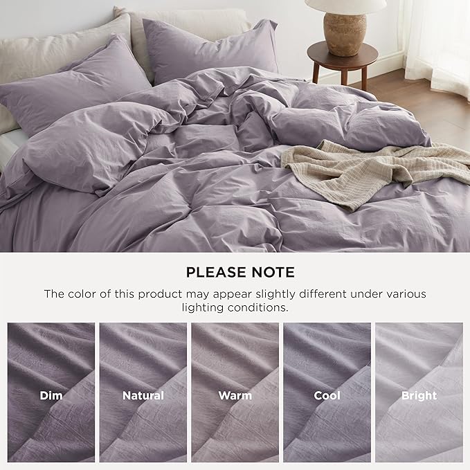 Bedsure 100% Washed Cotton Duvet Cover King Size - Lavender Minimalist Cotton Duvet Cover Linen Like for All Seasons - GentleSoft™ Plain Simple Bedding, 3 Pieces (Lavender, King, 104"x90")