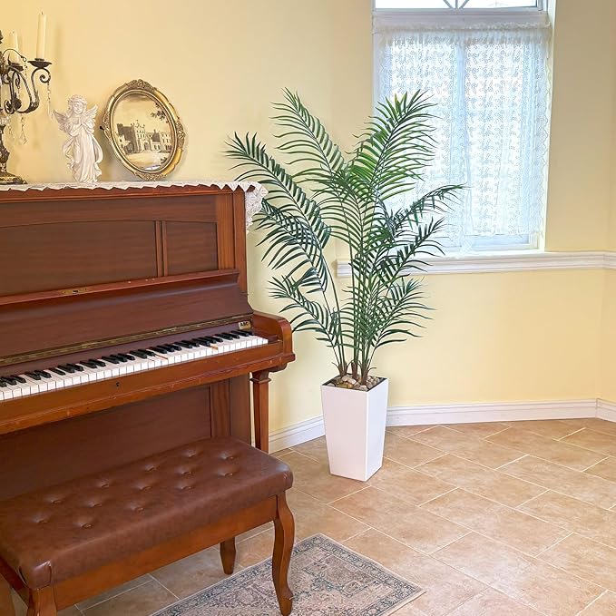 Bellacat UV Resistant 5ft Faux Palm Tree with Tall White Decorative Planter, 60in Artificial Palm Tree with Realistic Leaves & Branches, Fake Palm Tree for Home Office Porch Front Door Patio Decor.