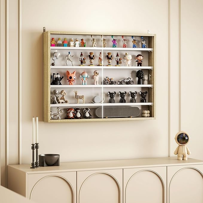 HOMCOM 5-Tier Display Cabinet, Glass Door Cabinet with Adjustable Shelves, Wall-Mounted Display Case for Playroom, Bedroom, Oak and White