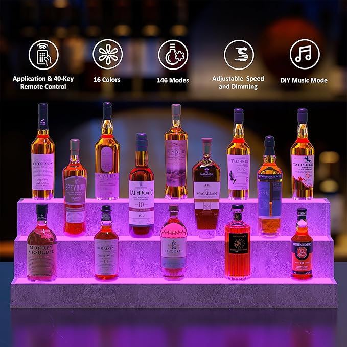 LED Lighted Liquor Bottle Display Shelf, 38 Inch Bar Display Shelf, DIY Illuminated Bottle Shelf with App & Remote Control, 3 Step Freestanding Holding Bottles for Home Bar, Party, Grey