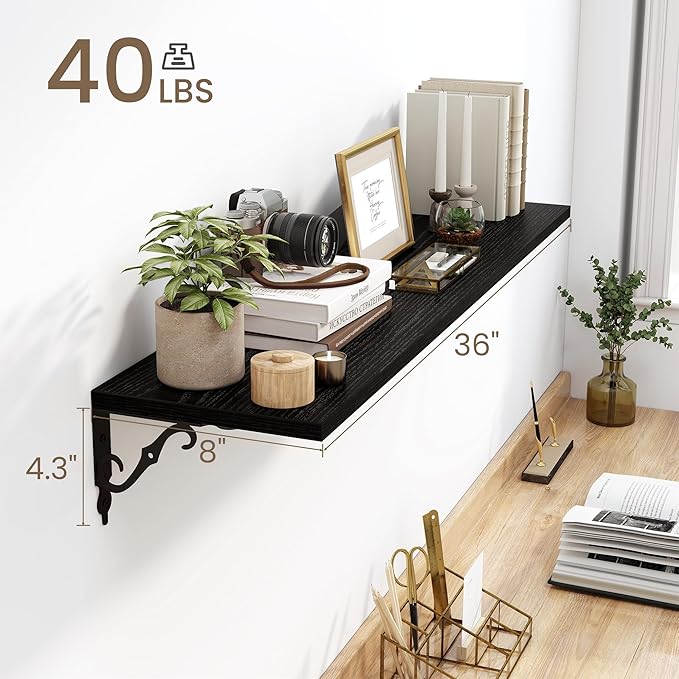 Fun Memories 36 Inches Floating Shelves, Rustic Long Wall Shelves, 8 Inch Deep Book Shelf Wall Mounted with Bracket, Wide Display & Storage Shelves for Living Room, Bathroom, Bedroom, Black, Set of 2