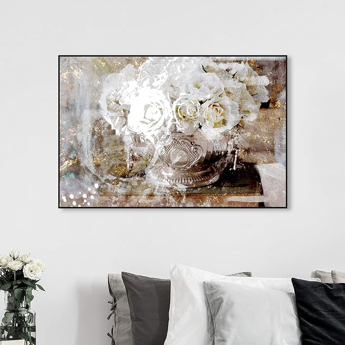 Floral and Botanical Framed Wall Art Canvas Prints 'Serving Roses' Florals, White, Gold, 54" x 36"