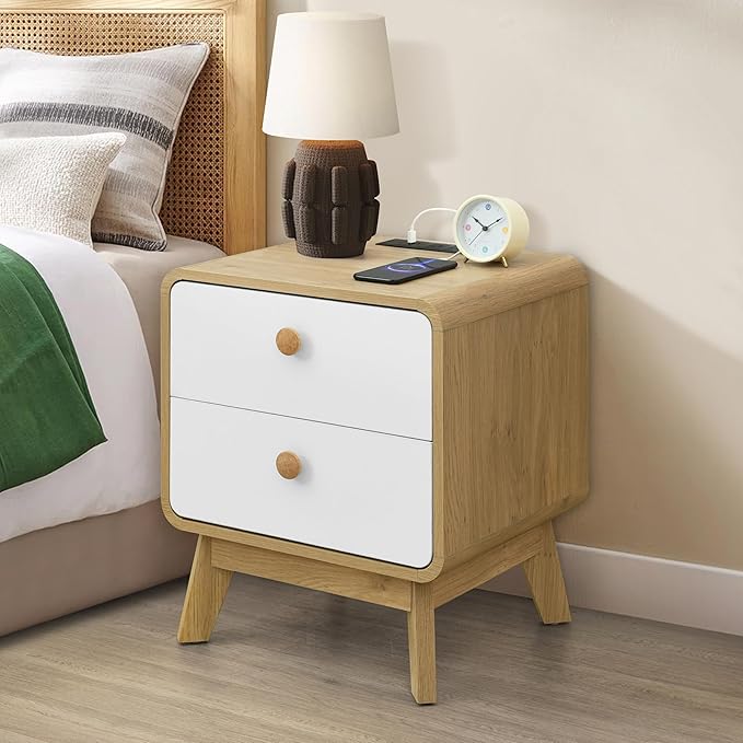 Aries Set of 2 Nightstands with Charging Station, 2 Drawer Bedside Tables with Storage, Night Stands for Bedroom, End Table or Side Table for Living Room, 15.7" x 18.9" x 21.7", Oak/White