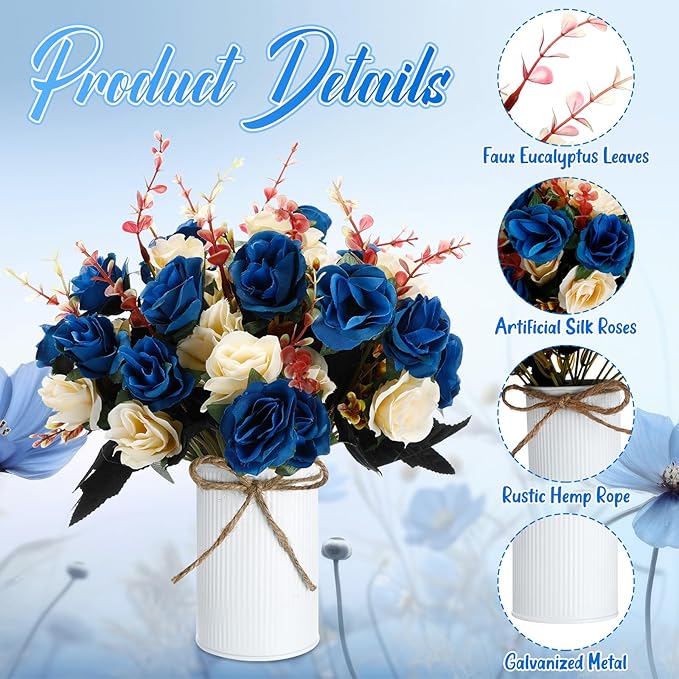 Domensi 12 Sets Wedding Centerpiece for Table Artificial Rose with Vase Fake Bouquets and Metal Pot Floral Arrangements for Holiday Party Event Table Decor (Dark Blue)