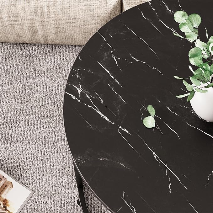 aboxoo Round Nesting Coffee Table Side Set of 2 End Tables for Living Room Bedroom Balcony,Black Faux Marble Wooden Table 23.6IN Accent Large Coffee Table with Steel Frame