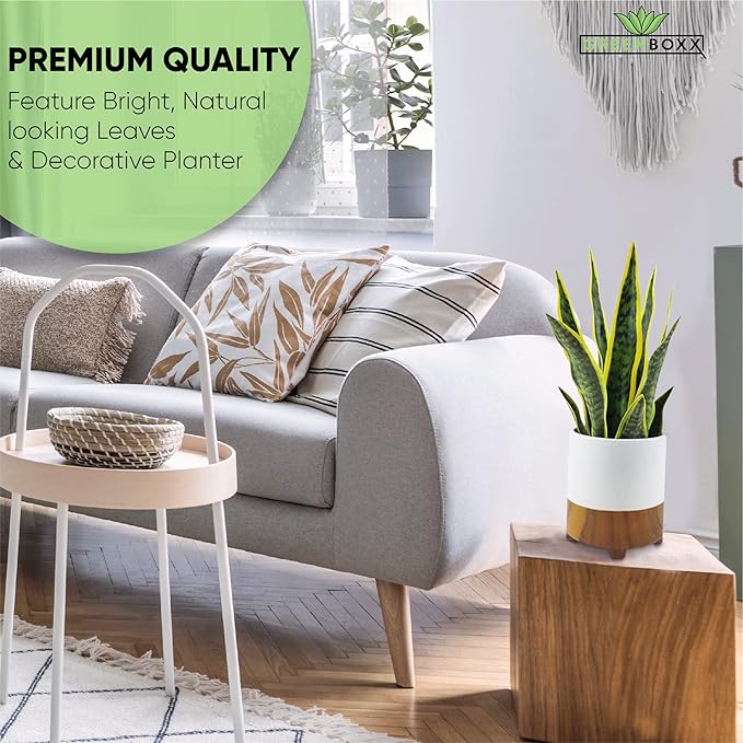 GreenBoxx 18" Artificial Snake Plant Sansevieria - Large Pot - Portable Faux Potted Snake Decor - Fake Green Indoor House Plant for Modern Home Decor, Window, Shelf - Mother in Law Tongue Plant