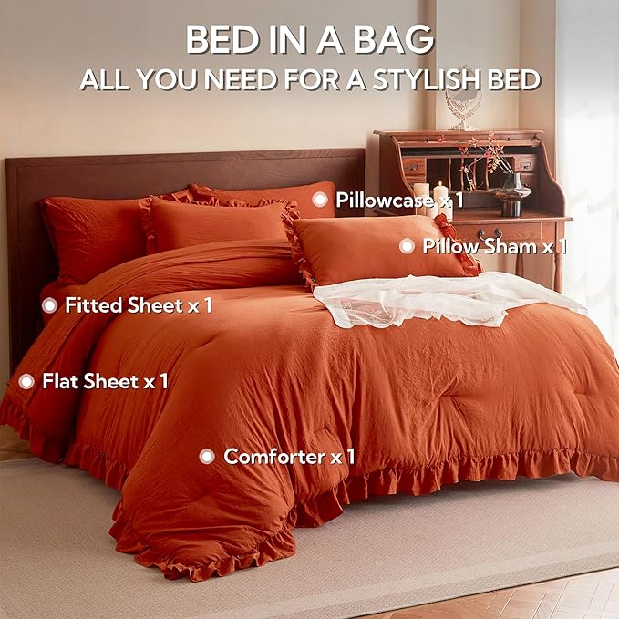 MR&HM Terracotta Ruffle Comforter Set, Twin Comforter Sets for College Dorm,Boho Bed in a Bag Set 5 Pieces with 1 Comforter,1 Flat Sheet, 1 Fitted Sheet,1 Pillowcases & 1 Pillow Shams for All Seasons