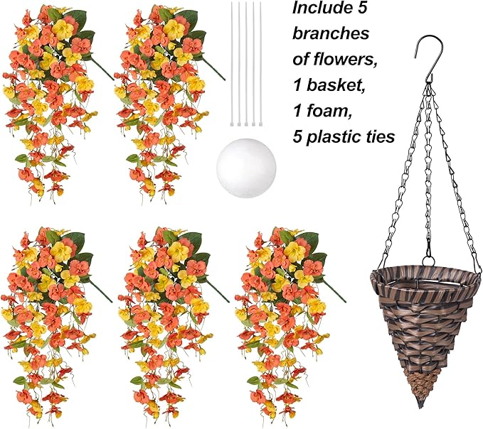 Ivydale Artificial Hanging Flowers Fake Plants with Basket for Outdoors Fall Decoration, Faux Hibiscus Long Vines Realistic Silk Flowers for Planters Outside Home Patio Porch Balcony, YellowOrange