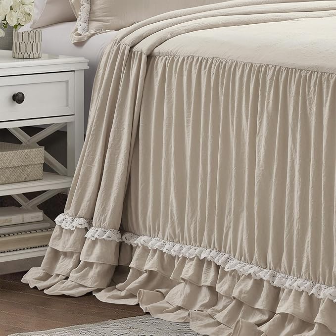 Lush Decor Ella Ruffle Lace Bedspread, 3 Piece Set, Queen, Neutral - Cute Bed Set - Queen Bedding - Beige Bedding - Coquette Decor - Neutral Ruffle Trim - Beige Lace Trim