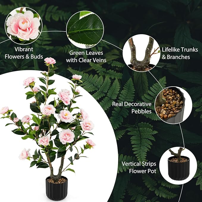 Goplus 38’’ Artificial Camellia Tree, Flower Plants Artificial Tree, Faux Floral Plant Blooming Tree in Cement Pot, Greenery Potted Plant for Indoor Outdoor Office Home Porch Decor