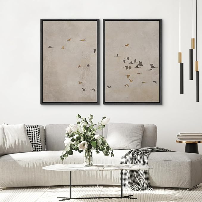 SIGNWIN Framed Canvas Print Wall Art Set Flying Birds Silhouette Minimalist Beige Illustrations Modern Minimal Decorative for Living Room, Bedroom, Office - 24"x36"x2 Black