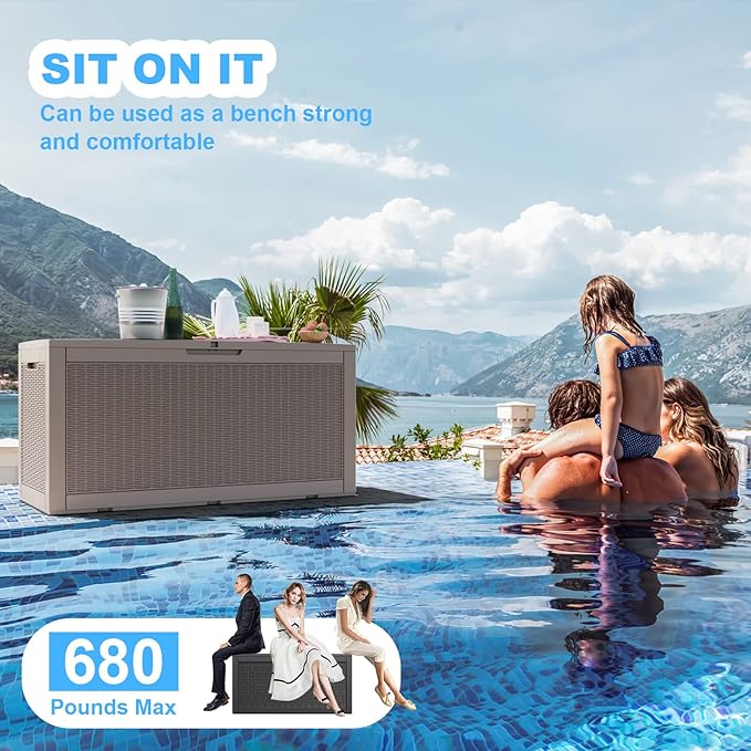 ROJIK Outdoor Storage Housing Deck Box - Waterproof Patio Furniture, Garden Tools, Cushions, Pool Accessories Storage Bench with Lockable Lid and Side Handles (Grey 100 Gal)