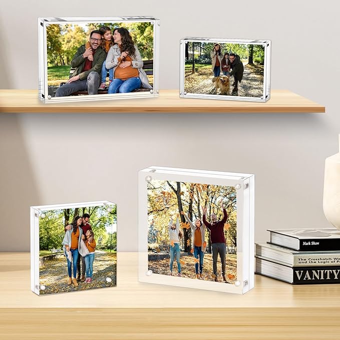 AMEITECH 5x5 Acrylic Picture Frame 2 Pack, Clear Double Sided Frameless Photo Frame with Magnetic, Free Standing Desktop Acrylic Frame Display, Lucite Frame with Gift Box Package