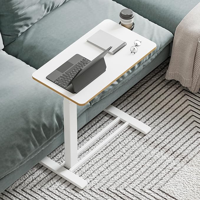 Medical Overbed Adjustable Bedside Table with Hidden Casters, Pneumatic Mobile Rolling Laptop Standing Desk with Tray for Home and Hospital Use, White