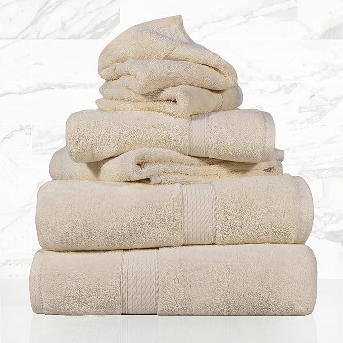 Superior Egyptian Cotton Pile 6 Piece Towel Set, Includes 2 Bath, 2 Hand, 2 Face Towels/Washcloths, Ultra Soft Luxury Towels, Thick Plush Essentials, Guest Bath, Spa, Hotel Bathroom, Cream