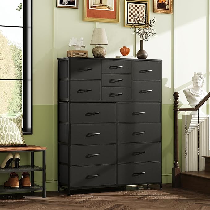 WLIVE Tall Console Table with 15 Fabric Drawers, Entryway Table with Storage, Tall Storage Organizer with Wood Top, Steel Frame for Living Room, Hallway, Office, Black