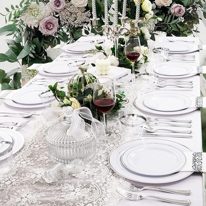 bUCLA 350PCS Silver Plastic Dinnerware Set for 50 Guests - Silver Plates Disposable Include 50 Dinner & 50 Dessert Plates,50 Forks,50 Knives,50 Spoons,50 Cups,50 Napkins for Party