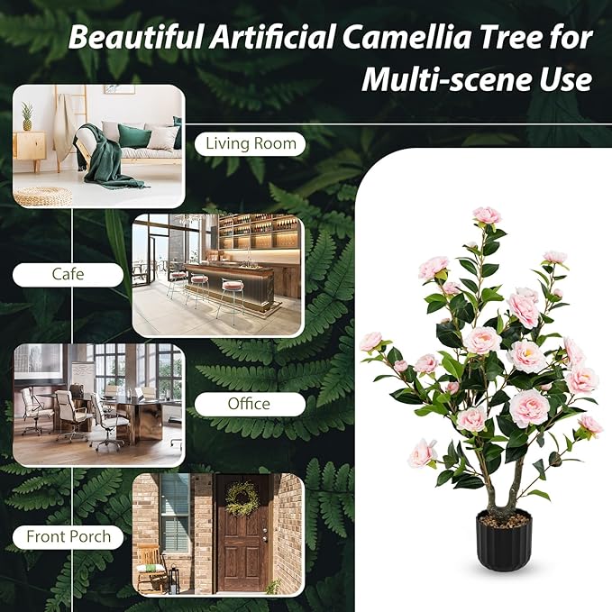 Goplus 38’’ Artificial Camellia Tree, Flower Plants Artificial Tree, Faux Floral Plant Blooming Tree in Cement Pot, Greenery Potted Plant for Indoor Outdoor Office Home Porch Decor