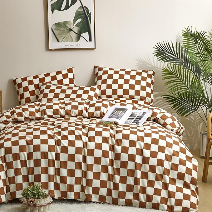 Pureant Pumpkin White Plaid Comforter Set King Brown and White Checkered Bedding Comforter Soft Women Girls Brown Checkerboard Grid Quilts King Size Boho Pumpkin Buffalo Plaid Comforter Geomertic