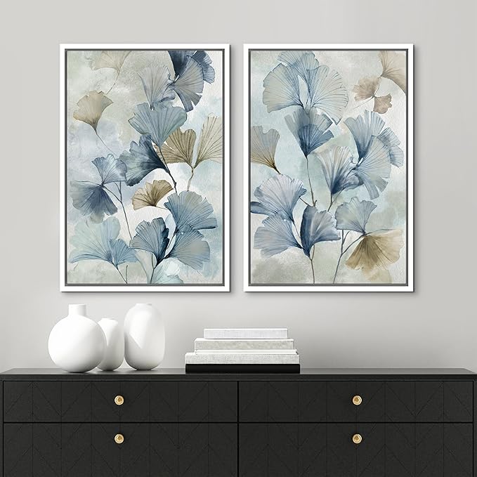 MUDECOR Framed Canvas Print Wall Art Blue Ginkgo Flower Illustrations Modern Art Decorative Bohemian Colorful Chic for Living Room, Bedroom, Office - 16"x24"x2 White