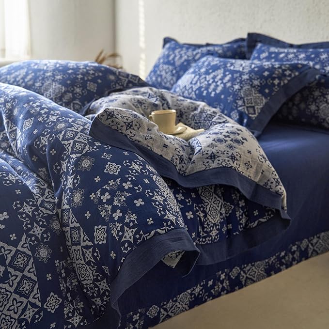 VM VOUGEMARKET Navy Blue Duvet Cover Queen Bohemian Geometric Duvet Cover Yarn-Dyed Cotton 3 Pieces Jacquard Flower Comforter Cover with Zipper Closure,Navy Blue/White