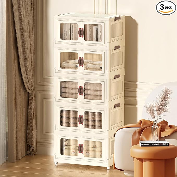 Stackable Storage Bins, Folding Storage Bins with Lids and Doors, Open Front Folding Storage Box with Wheels Plastic Storage Containers (5 Tier (Side Windows Not Visible), 30 Qt)