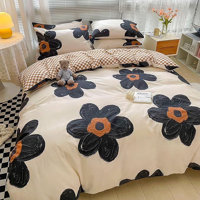 Luxlovery Boho Floral Comforter Set Queen Women Girls Black Sunflower Bedding Comforter Set Botanical Blanket Quilts Cute Beige Black Blossom Bedding Set for Queen Bed